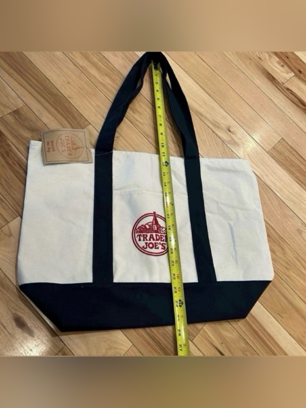NWT Trader Joe's Reusable Canvas Tote Bag - White and Dark Blue with Red Logo - Picture 5 of 5